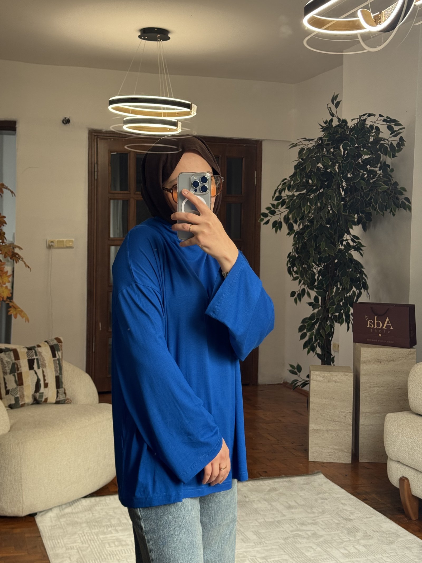 Uzun Kollu Basic Bluz Saks Mavisi — görsel 3