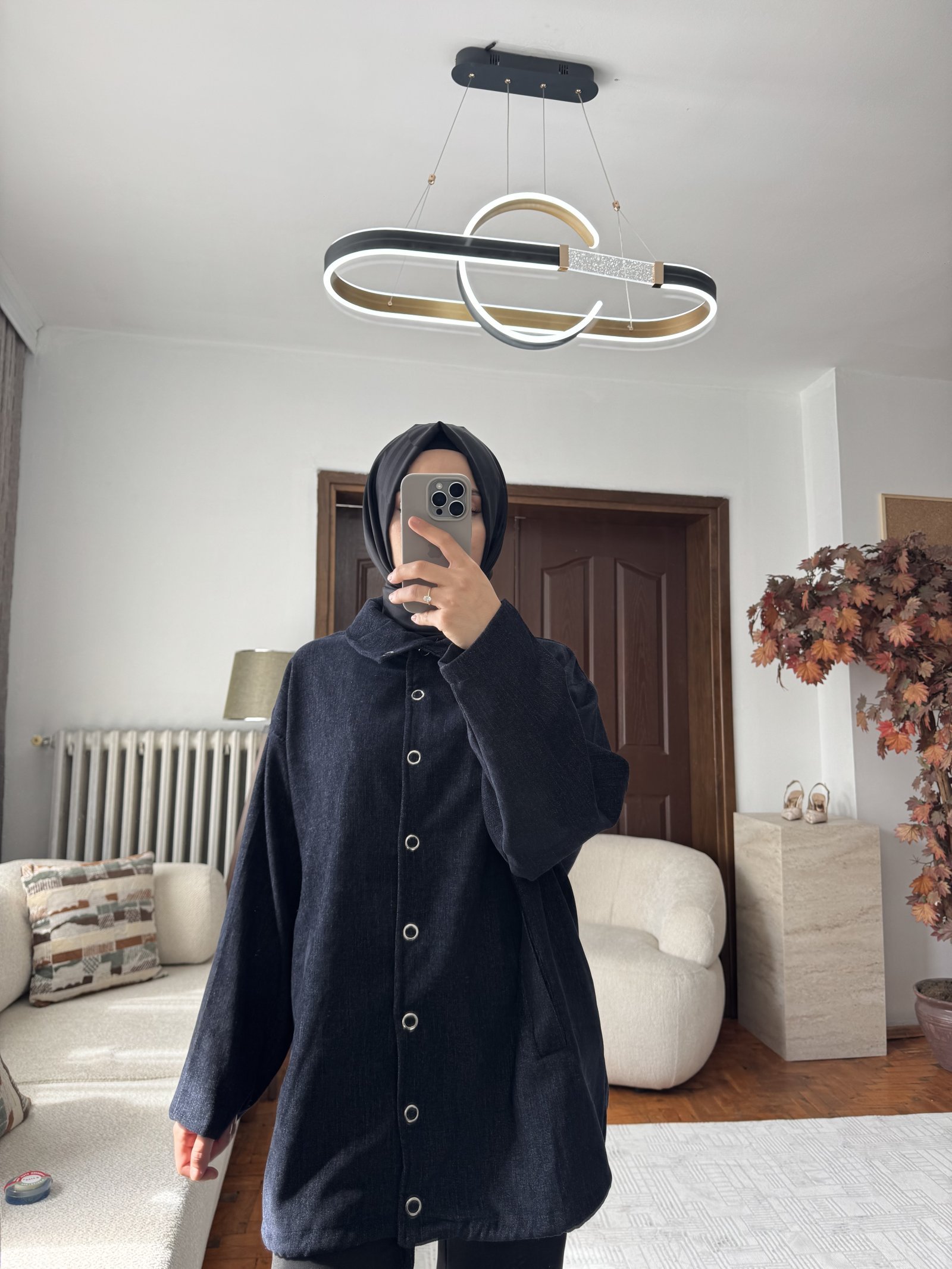 Lacivert Kadife Dokulu Dikyaka Çıtçıtlı Oversize Ceket